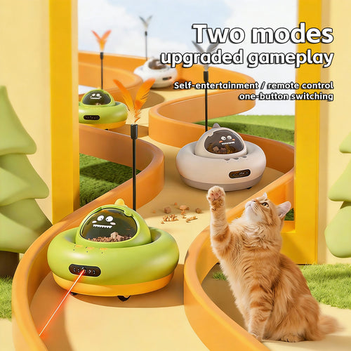 Smart remote-controlled cat toy that dispenses treats.