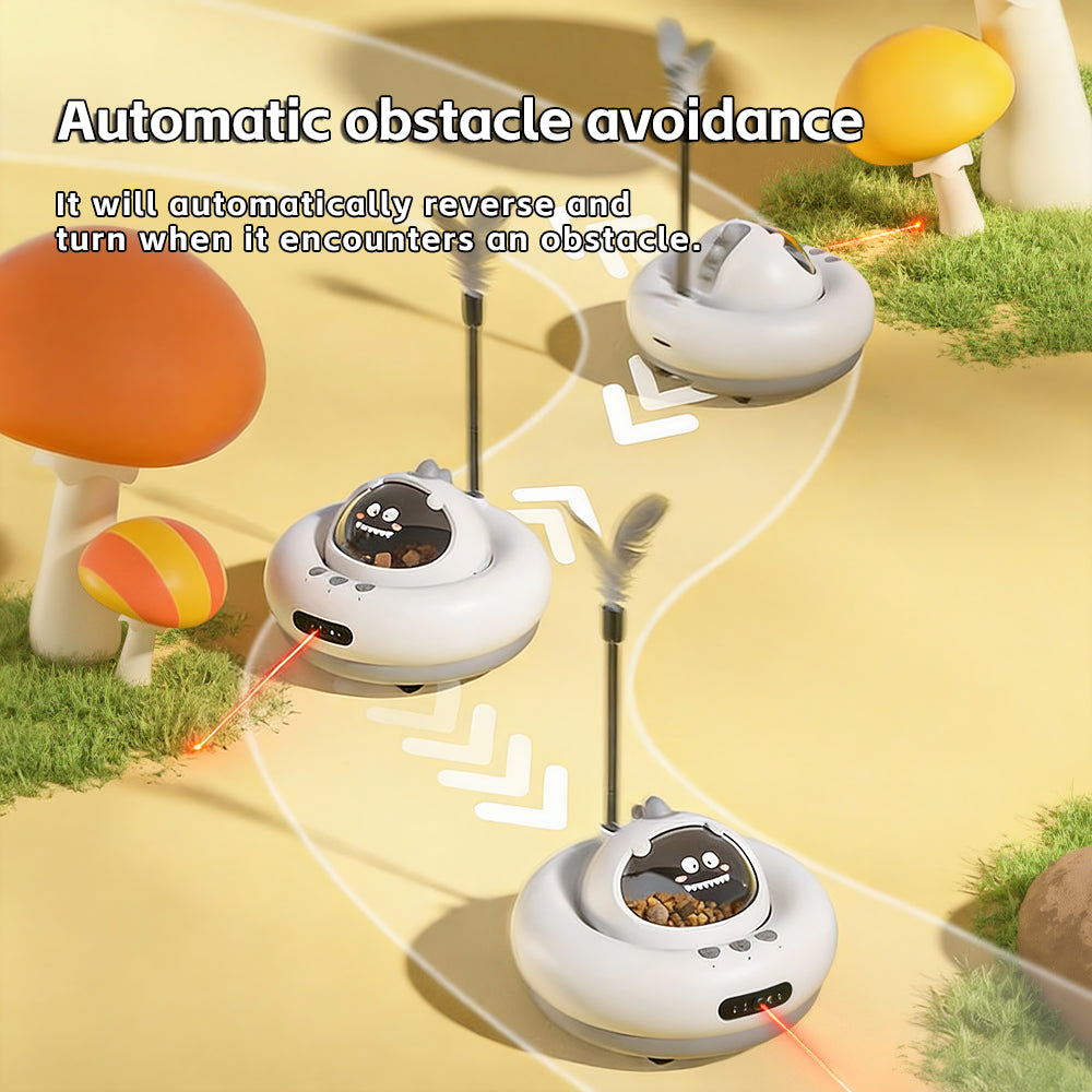 Smart remote-controlled cat toy that dispenses treats.