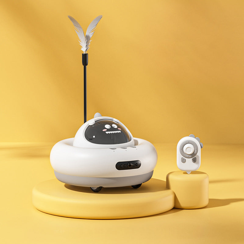 Smart remote-controlled cat toy that dispenses treats.